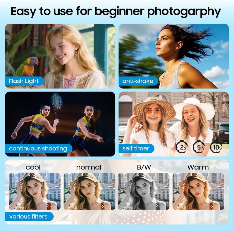 TZZPL 4K Digital Camera, 64MP Vlogging Camera for Photography with 3" 180° Flip Screen, 16X Compact Digital Camera with 64GB Micro SD Card for Beginner (White) - Image 4